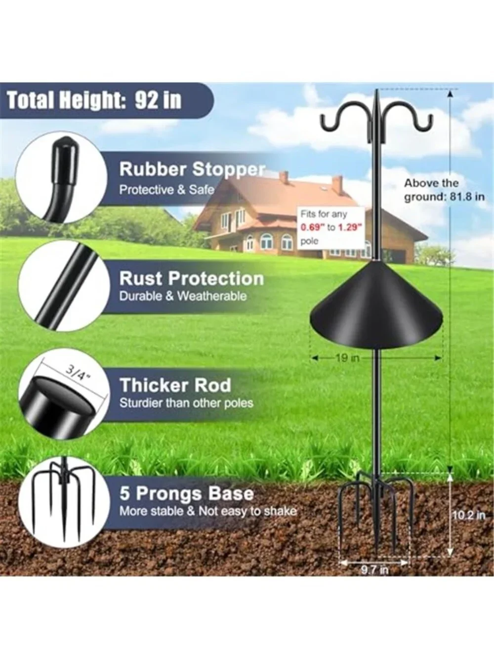 Squirrel Proof Bird Feeder Pole, 92 Inch Double Shepherds Hook with 19  Inch